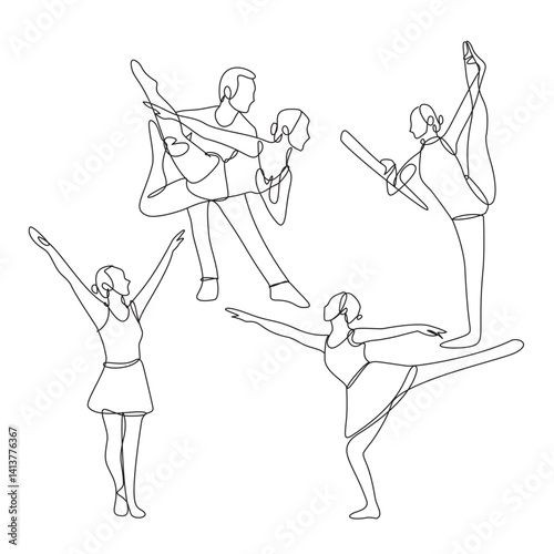 Continuous line drawing art of beautiful woman ballerina dancer show. Vector illustration line sketch of artistic ballet dance. One single line image of young beauty woman on tutu, classic, elegant
