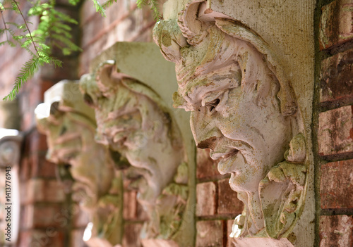 Carved faces at Rockefeller Park Greenhouse and Botanical Garden in Cleveland
