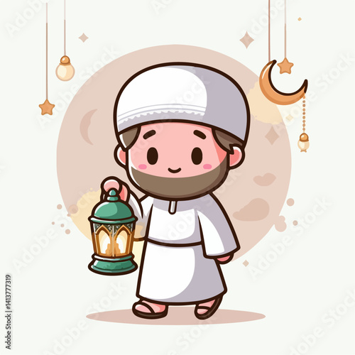 Islamic cartoon vector illustration of a person carrying a lantern lamp