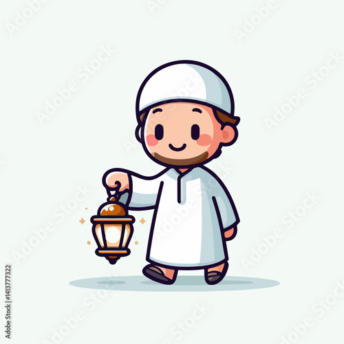 Islamic cartoon vector illustration of a person carrying a lantern lamp