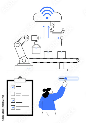 Robotic arm on conveyor under cloud-based automation systems, checklist, person managing settings. Ideal for industry 4.0, IoT, automation, manufacturing, productivity innovation simple landing