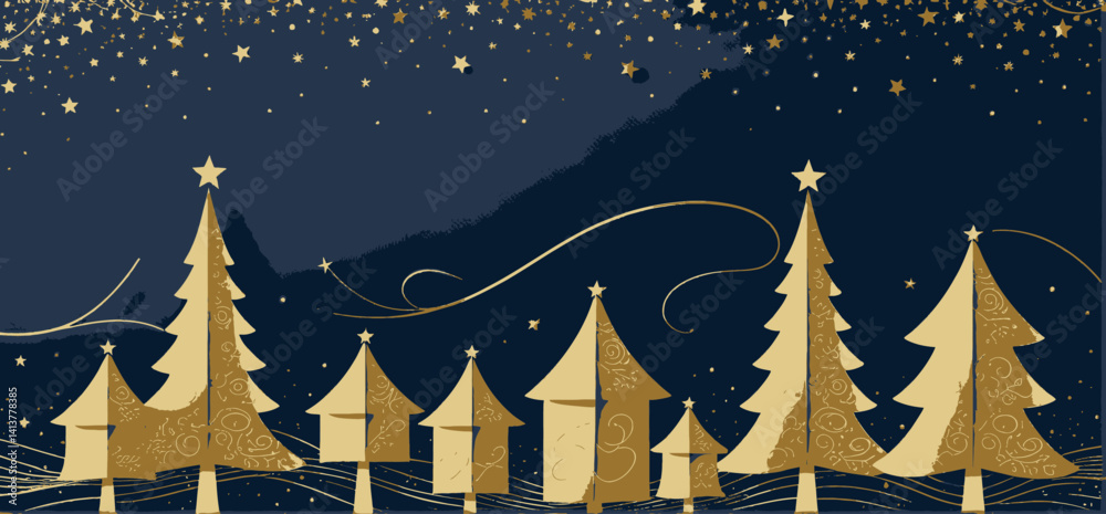 Fototapeta premium Elegant Gold Christmas Trees on Navy Background with Sparkling Stars Festive Holiday Scene for Cards Wallpapers and Decorations Christmas_Theme