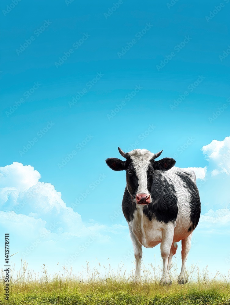 Fototapeta premium Serene Cow in Pastoral Landscape: A Whimsical Painting
