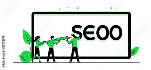 Teamwork_SEO_Strategy_Illustration_People_Collaborating_on_Search_Engine_Optimization_for_Website_Ranking_Improvement_and_Online_Visibility