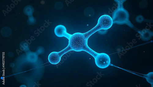Close up of a blue molecule structure with connecting lines on a dark blue gradient background