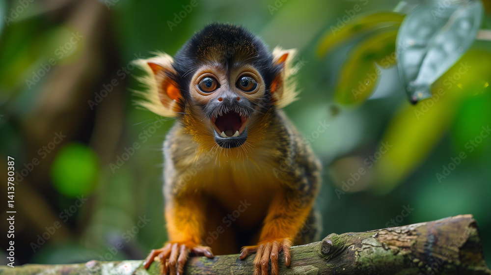 Monkey with open mouth sitting on a branch in jungle.