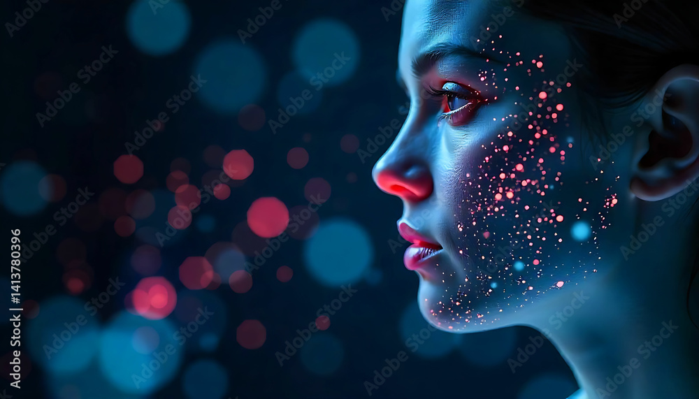 Profile view of a woman's face with glowing particles and blurred colorful bokeh background in blue and red Profile view of a woman's face with glowing particles and blurred colorful bokeh background in blue and red