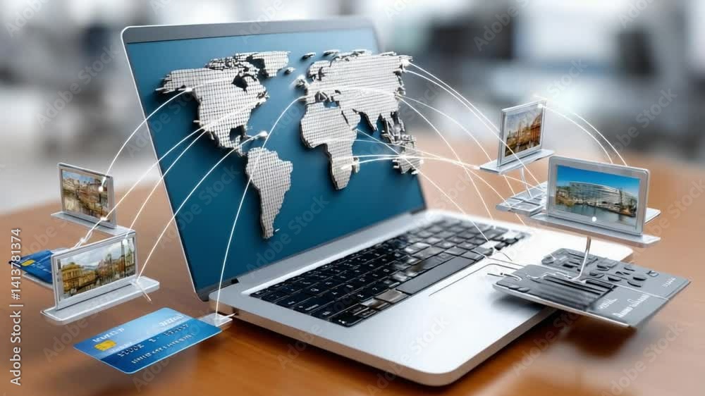 Global Connection: A laptop displays a vibrant map, interconnected with images on other devices, alongside a credit card, depicting a seamless, digital world of global commerce.
