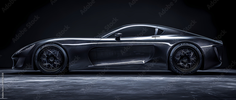 Fototapeta premium Sleek and Shadowy: A powerful, black sports car rests on a dark background, radiating an aura of sophistication and speed.