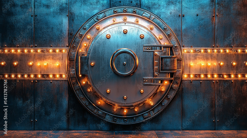 Fototapeta premium Close up of a metallic safe door symbolizing strength security and trust A modern steel vault conveys protection financial stability and safeguarding of valuables and sensitive information