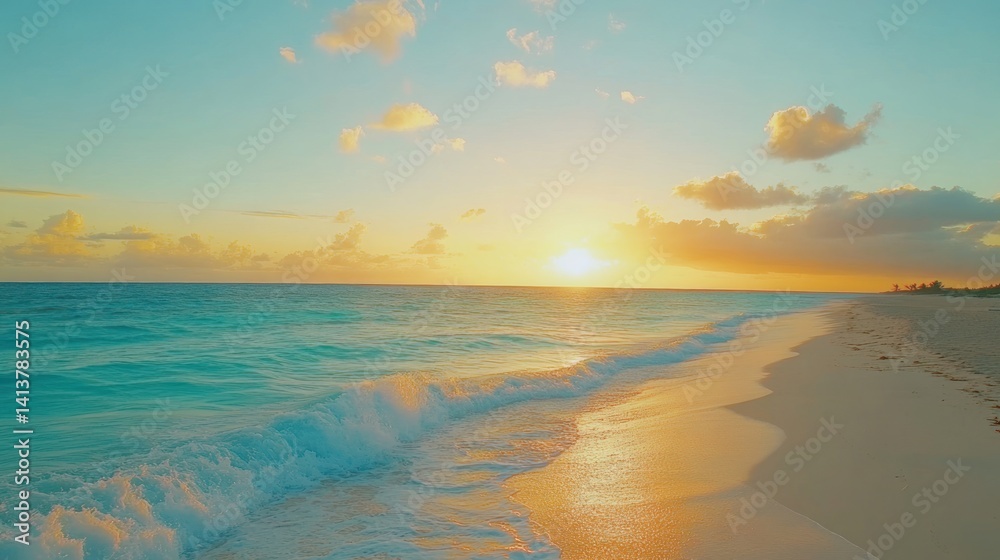 Fototapeta premium Serene beach at sunset with gentle waves and a colorful sky.