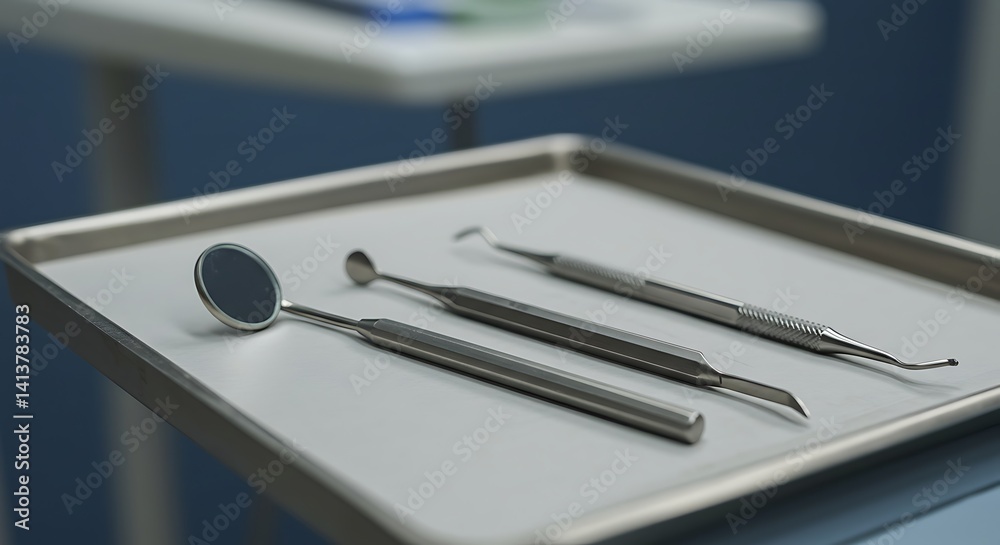 A set of dental tools, including a mirror and probe, ready for patient examination. A set of dental tools, including a mirror and probe, ready for patient examination.