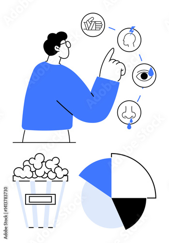 Person pointing at sensory icons representing touch, taste, sight, and smell connection. Adjacent elements include popcorn container and data pie chart. Ideal for sensory information, data