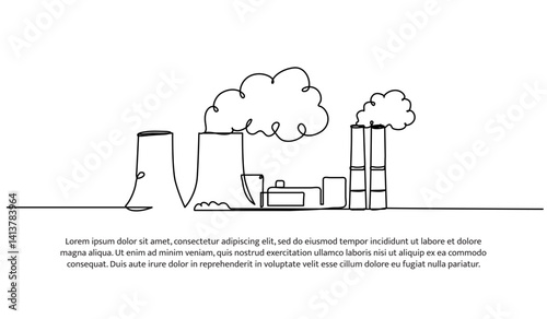 Continuous one line design of industrial power plant with emissions. Minimalist style vector illustration on white background.
