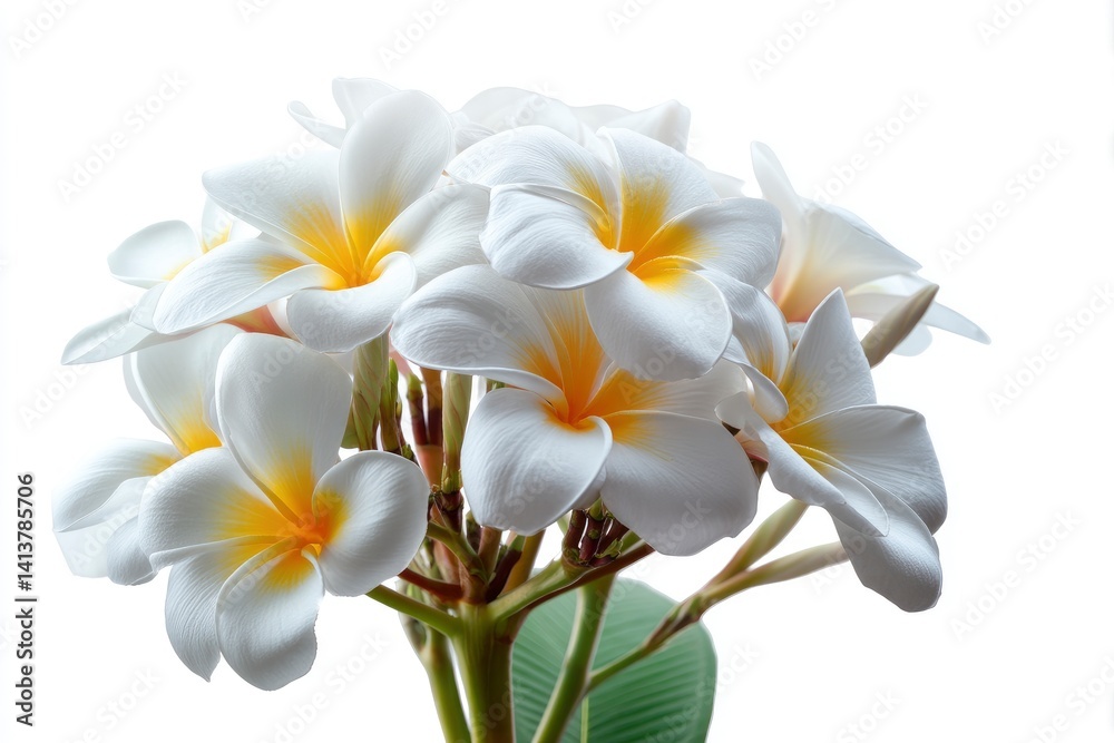 Fototapeta premium Blooming Plumeria Flowers with White Petals and Yellow Centers on White Background