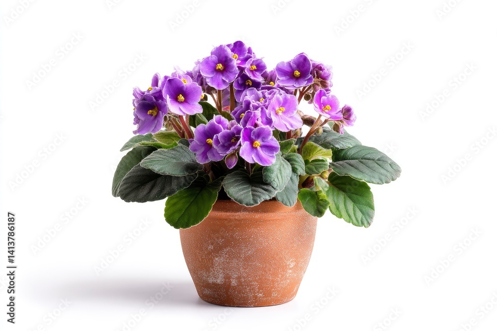 Naklejka premium Blooming African Violet in Terracotta Pot on White Background for Decoration