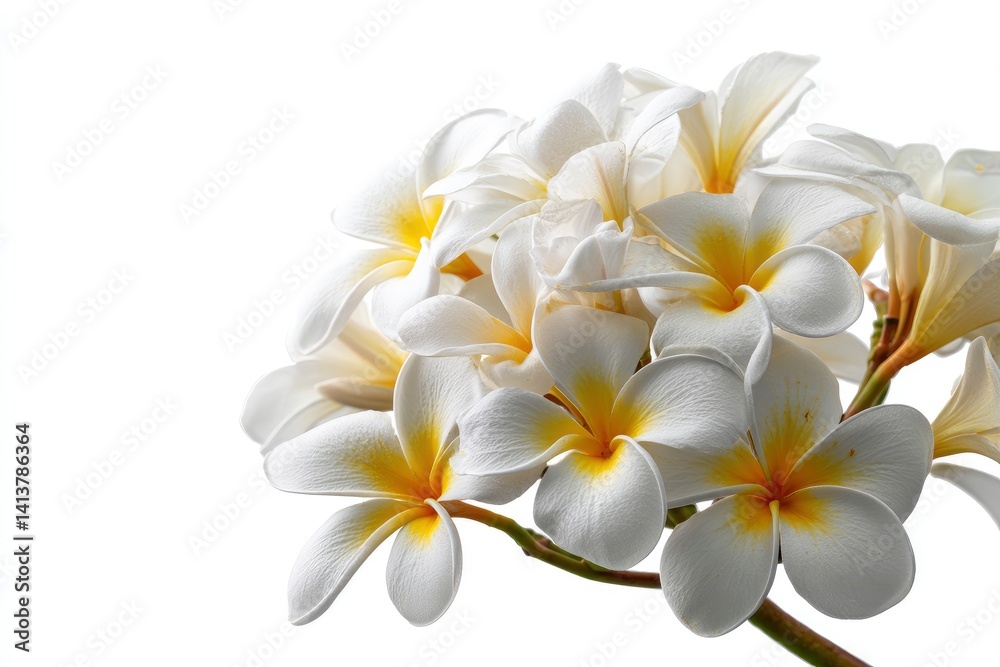 Fototapeta premium White and Yellow Plumeria Flowers Blooming in Cluster on White Background