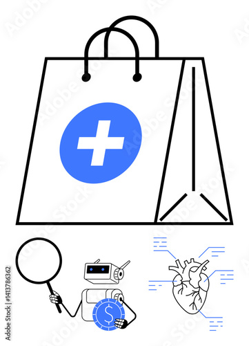 Medical-themed shopping bag with health cross. Includes magnifying glass, AI robot holding coin, heart with data lines. Ideal for healthcare, technology, innovation, e-commerce, research AI