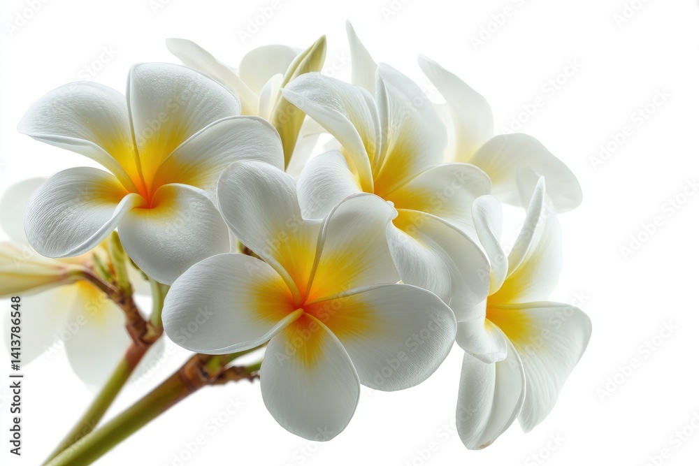 Fototapeta premium Blooming Plumeria Flower Branch with White and Yellow Petals on White