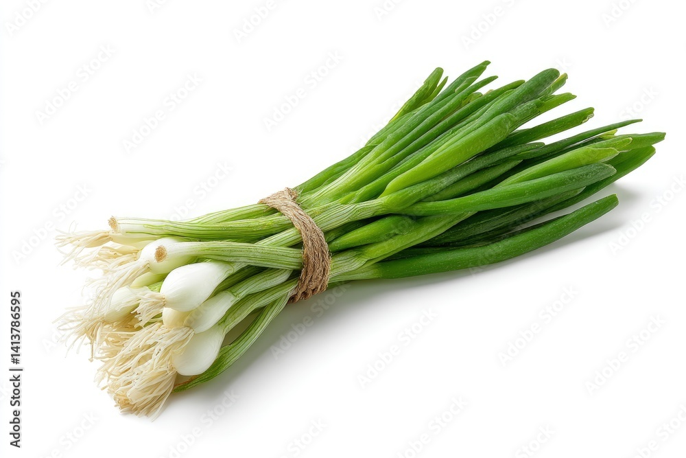 Fresh Green Onion Bunch Tied with Twine Against a White Background Fresh Green Onion Bunch Tied with Twine Against a White Background