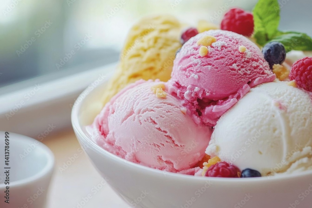 Delicious Ice Cream Dessert: Scoops of Pink, White, and Yellow with Berries and Crumble Topping Delicious Ice Cream Dessert: Scoops of Pink, White, and Yellow with Berries and Crumble Topping