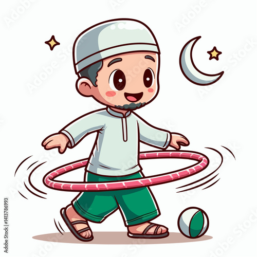 Islamic cartoon vector illustration of people playing hula hoop
