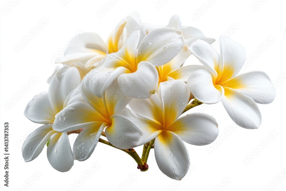 Fototapeta premium Delicate Plumeria Blossoms: A Serene White and Yellow Floral Cluster