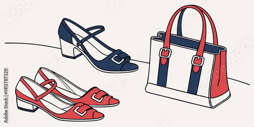  Stylish navy blue  women's leather sandals shoes. Woman bag. Ladies bag and stylish red shoes. Colorful leather shoes stiletto. Stylish classic women leather. vector illustration.
