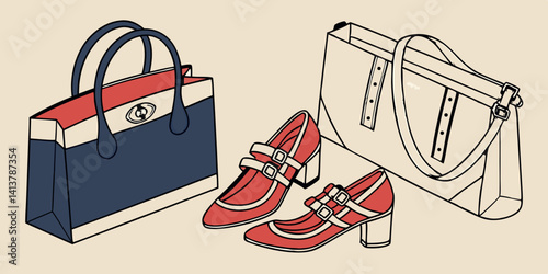  Stylish navy blue  women's leather sandals shoes. Woman bag. Ladies bag and stylish red shoes. Colorful leather shoes stiletto. Stylish classic women leather. vector illustration.
