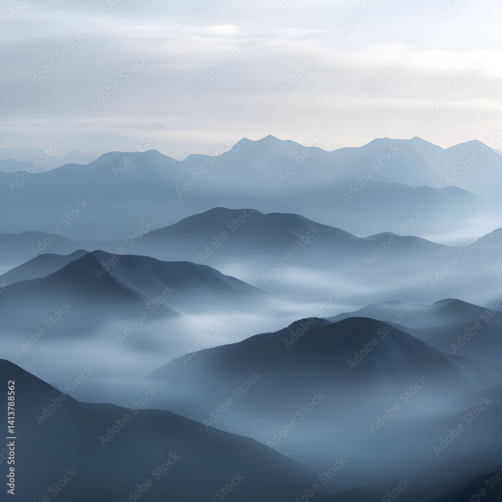 Mystical Elegance of Misty Mountains: A Dance of Nature and Sky Unfolding Beyond the Horizon’s Embrace