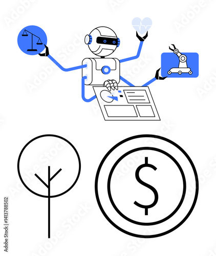 Robot multitasking with scales, lightbulb, robotic arm, and document interface. Tree and dollar sign symbolize sustainability and economy. Ideal for innovation, AI, productivity, balance technology