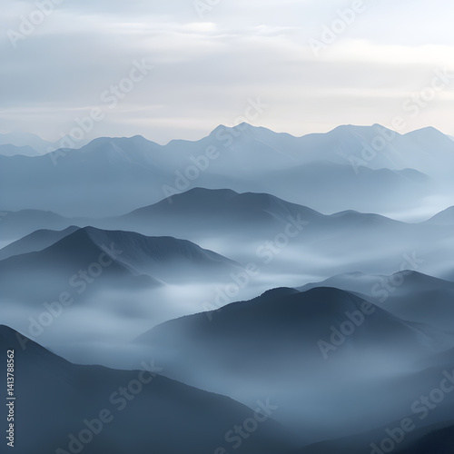 Obraz na płótnie Mystical Elegance of Misty Mountains: A Dance of Nature and Sky Unfolding Beyond the Horizon’s Embrace w salonie