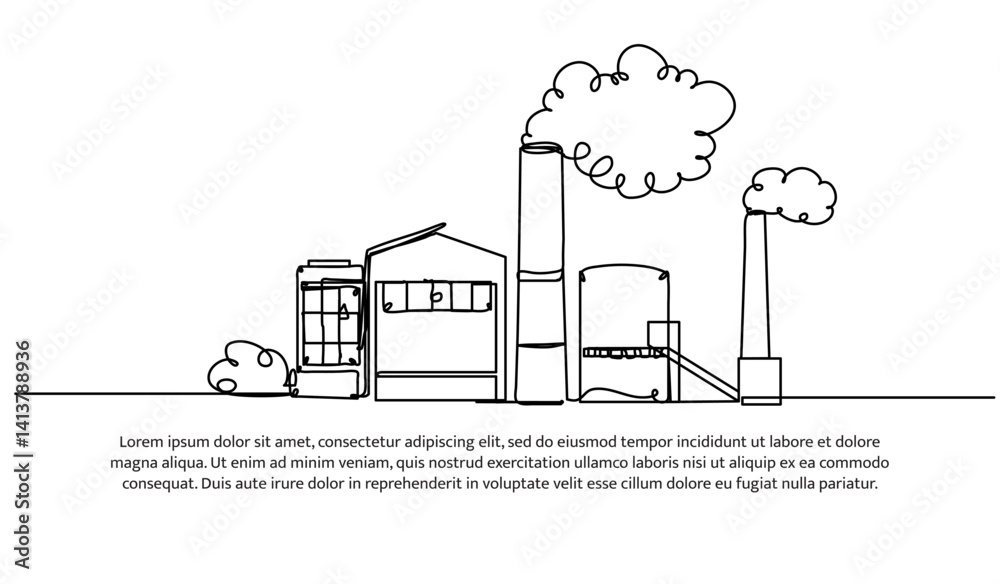 Continuous one line design of industrial factory with smoke. Minimalist style vector illustration on white background. Continuous one line design of industrial factory with smoke. Minimalist style vector illustration on white background.