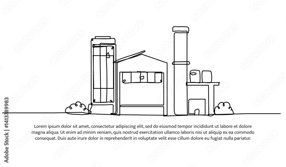 Continuous one line design of industrial factory scene. Minimalist style vector illustration on white background. Continuous one line design of industrial factory scene. Minimalist style vector illustration on white background.