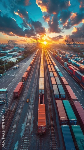 Aerial Sunset Freight Train Cargo Containers Harbor