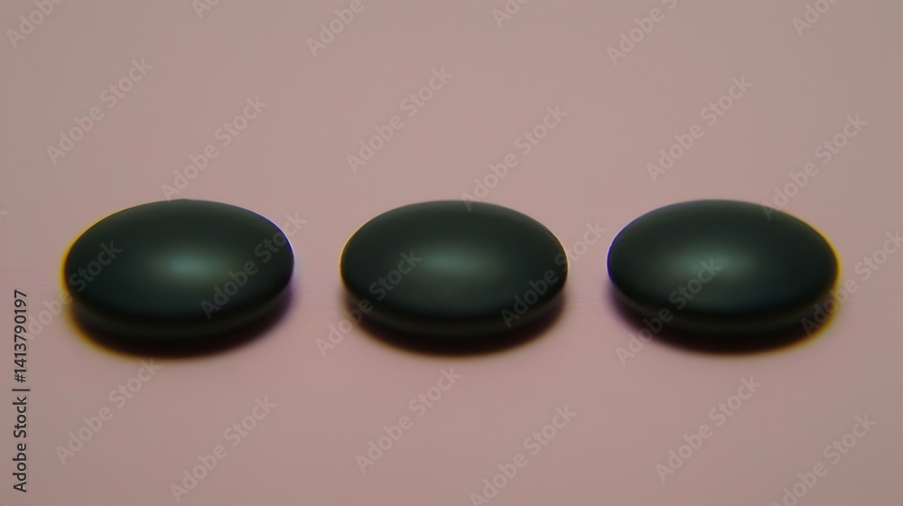 Elegant arrangement of three oval dark teal objects on a pink backdrop Elegant arrangement of three oval dark teal objects on a pink backdrop