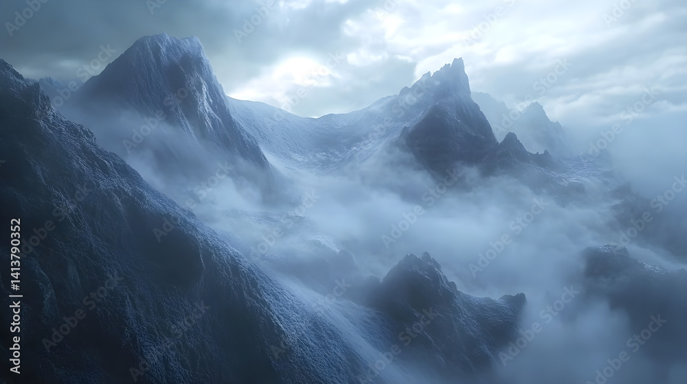 Mystical Elegance of Misty Mountains: A Dance of Nature and Sky Unfolding Beyond the Horizon’s Embrace