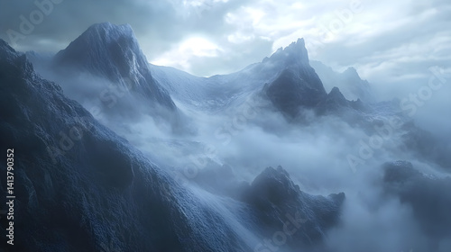 Obraz na płótnie Mystical Elegance of Misty Mountains: A Dance of Nature and Sky Unfolding Beyond the Horizon’s Embrace w salonie