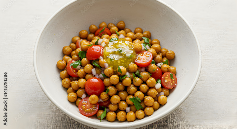 Delicious Chickpea Salad with Tomatoes and Herbs in a White Bowl Delicious Chickpea Salad with Tomatoes and Herbs in a White Bowl
