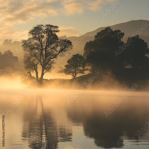 Obraz na płótnie Serenity Awakened: The Enchanting Tranquility of a Mist-Laden Morning Landscape w salonie