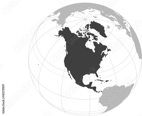 World vector map with continent boundaries and graticules (North America-centered & highlighted view, orthographic projection, PPT-compatible & fully editable)