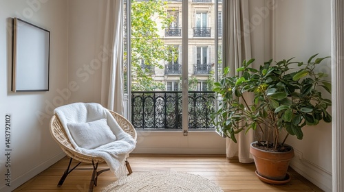 Cozy corner with a chair, plant, and large window showcasing a balcony view.