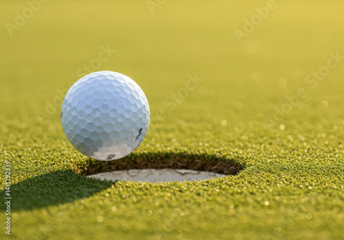 Golf ball on green fairway, surrounded by lush grass, with distant flagstick and trees under clear blue sky.