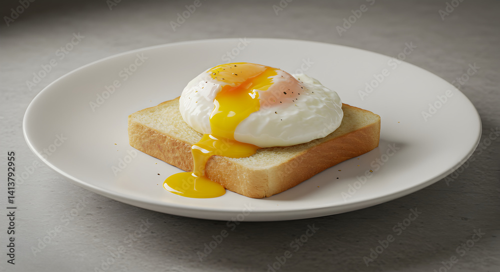 Perfectly Poached Egg On Toast Ready To Be Served On White Plate Perfectly Poached Egg On Toast Ready To Be Served On White Plate