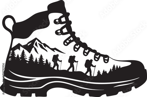 Hiking Boot Mountain Scene Black EPS Vector Outline
