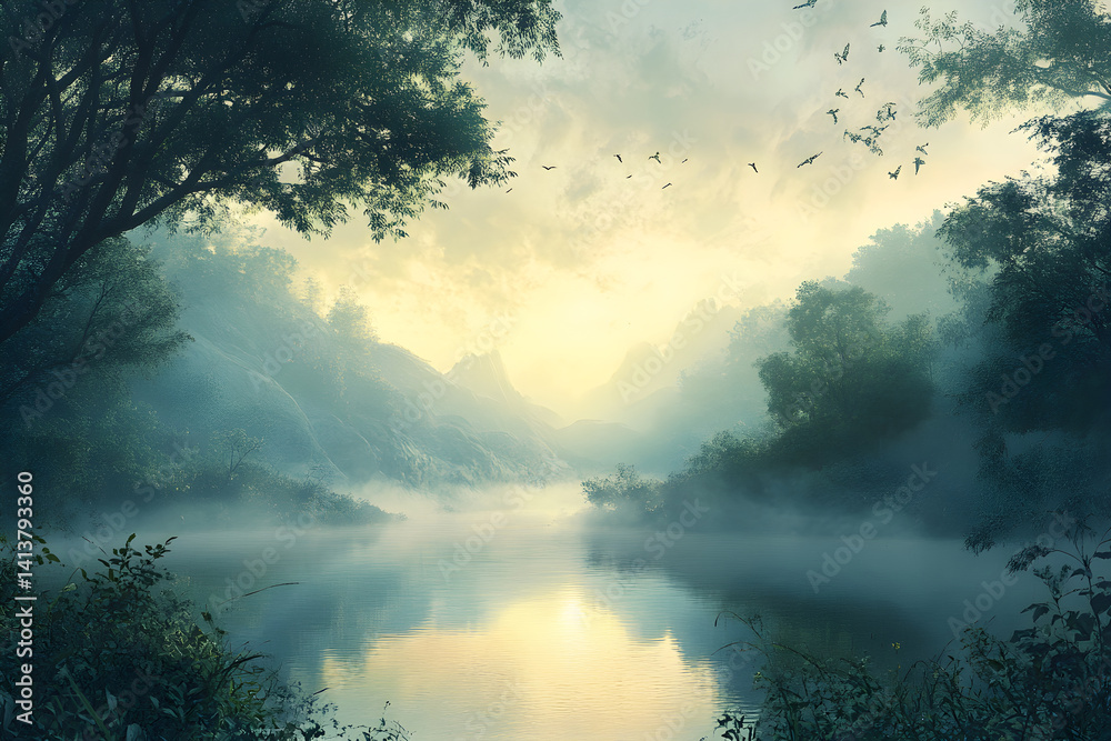 Serenity Awakened: The Enchanting Tranquility of a Mist-Laden Morning Landscape