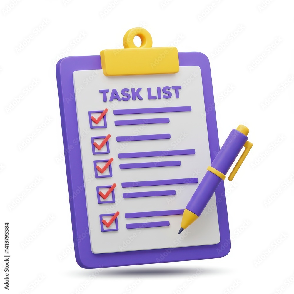 Clipboard with task list and pen on white background