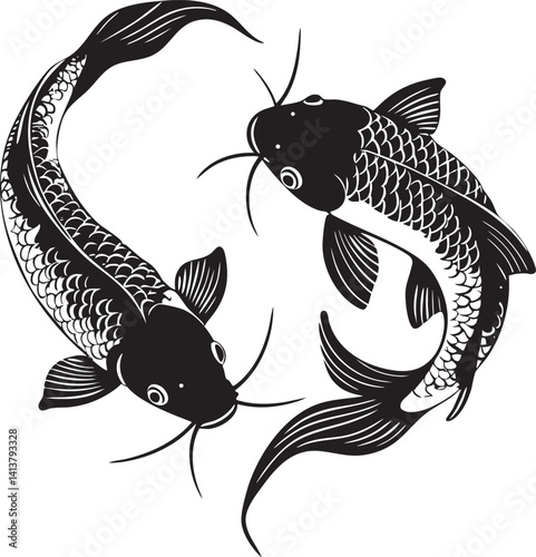Black Koi Fish Vector Art Yin Yang Symbol Outline