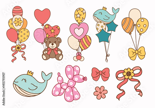 Set of balloons cartoon. There are balloons in various shapes, such as round, heart-shaped, dolphin and dog. It is a variety of bright colors. Idea for print, cartoon, card, decoration and sticker.