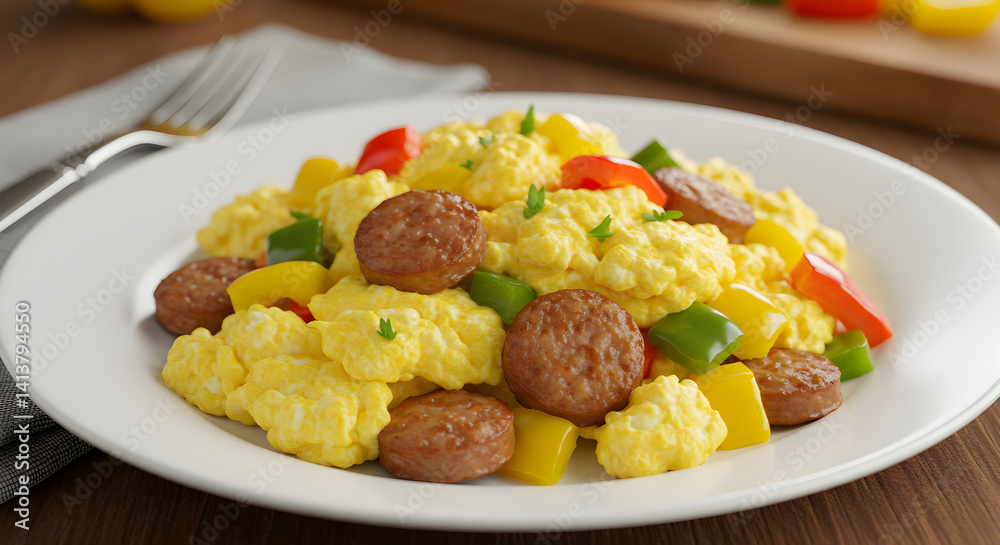 Delicious Scrambled Eggs With Sausage And Colorful Bell Peppers On White Plate Delicious Scrambled Eggs With Sausage And Colorful Bell Peppers On White Plate